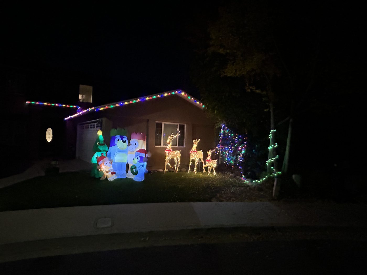 Home with roofline lights, lit reindeer, and holiday inflatables