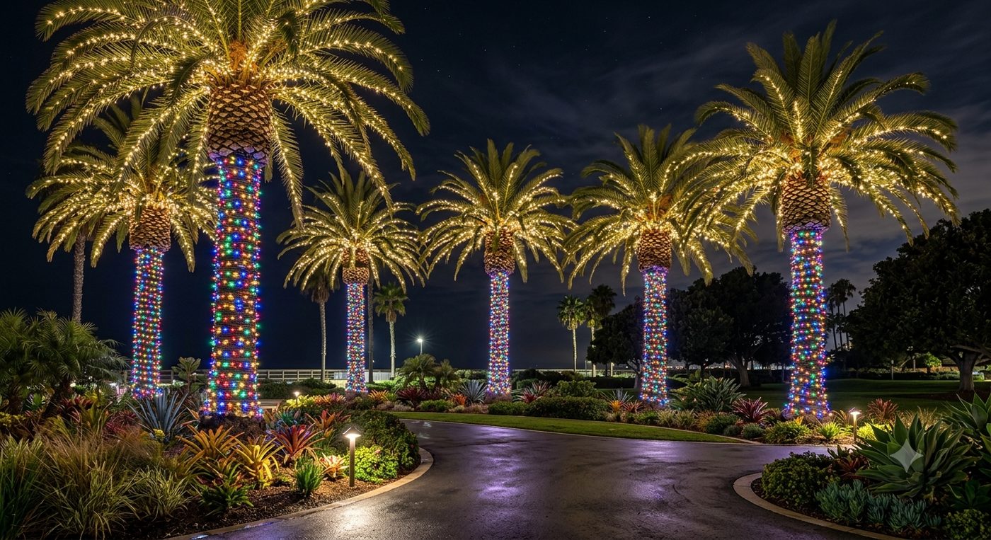 Palm trees wrapped in Christmas lights along a driveway
