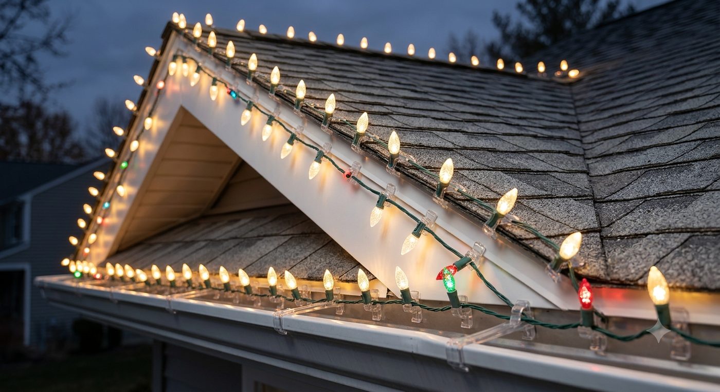 Close-up of warm white and multicolor lights clipped along a roofline