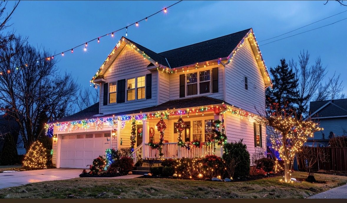 Two-story home fully lit with multicolor Christmas lights